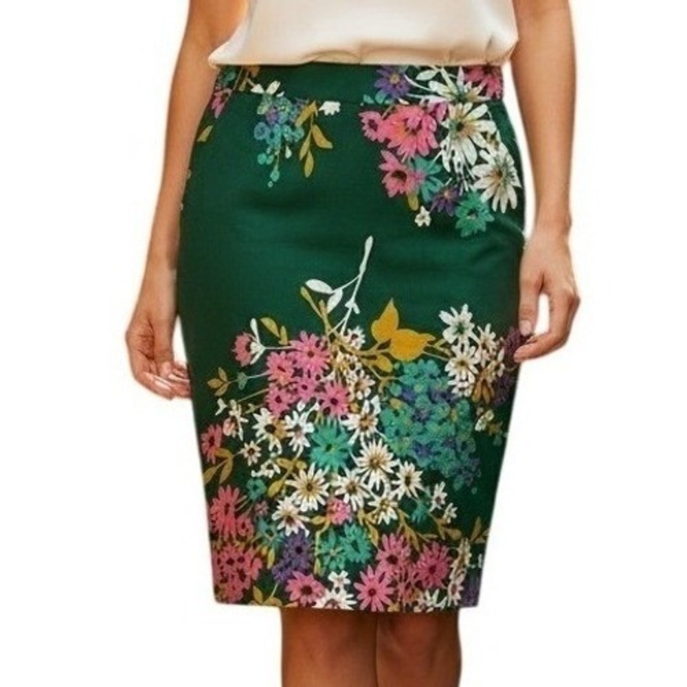 ANTHROPOLOGIE ODILLE‎ Abronia Pink Green Floral Cotton Spandex Skirt Small